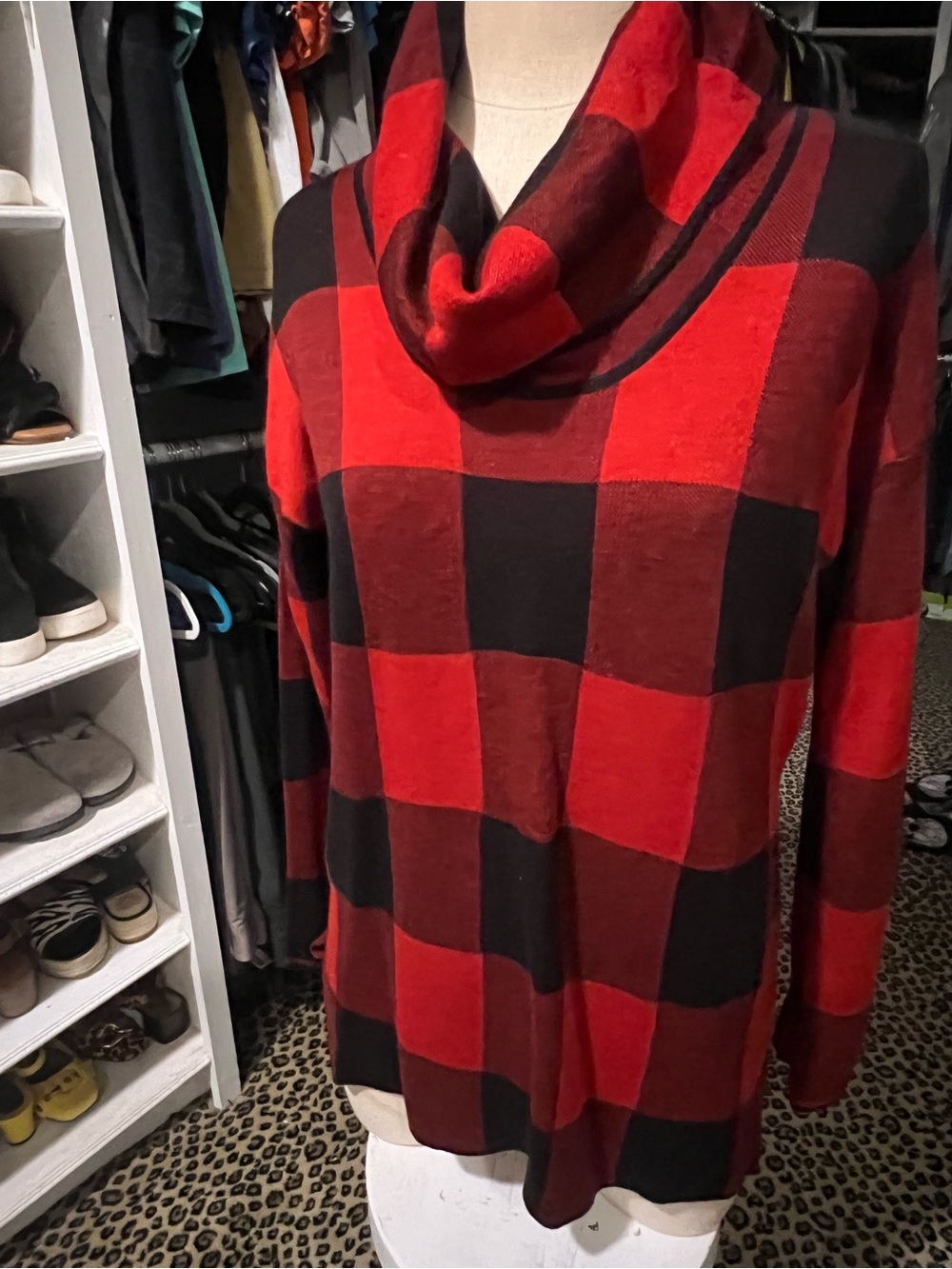Calvin Klein Red and Black Buffalo Plaid Cowl Neck Sweater